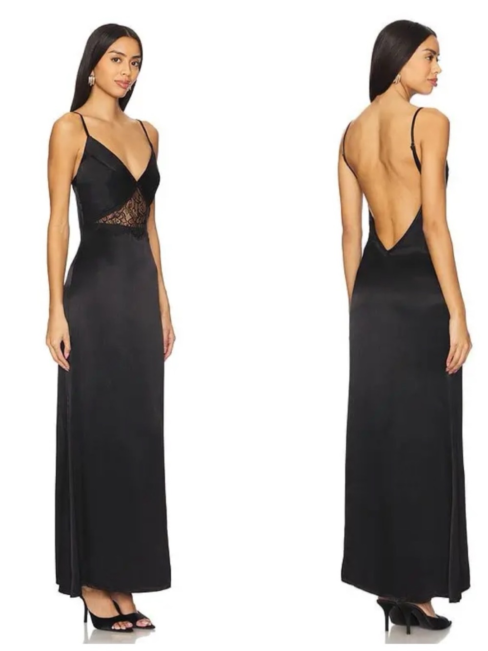 SNDYS. Halliwel satin lace v neck maxi slip low back dress in black - S nwt